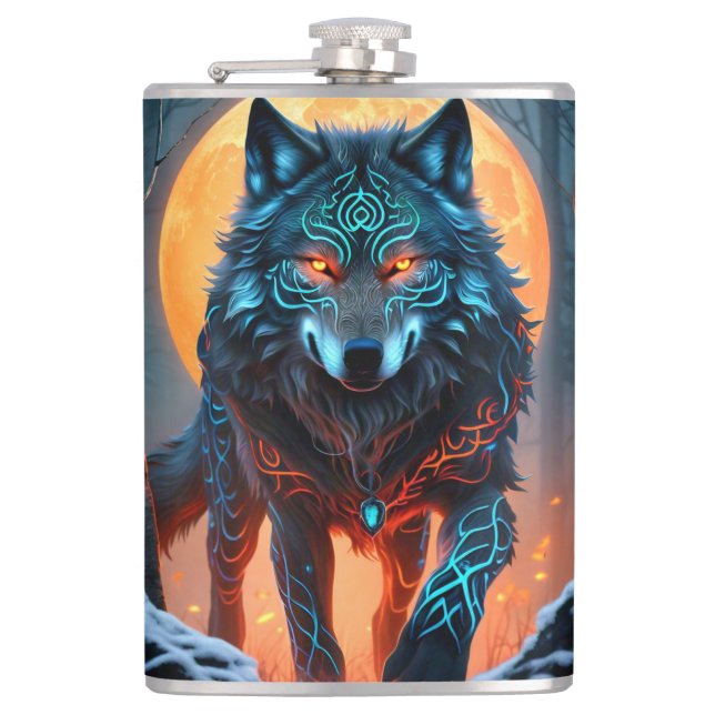 Celtic Wolf Moonlit Forest Hip Flask (Front)