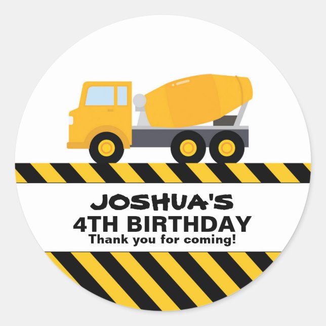 Cement Truck Construction Birthday Party Favour Classic Round Sticker (Front)