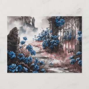 Cemetery Graveyard Blue Floral Beautiful Halloween Holiday Postcard