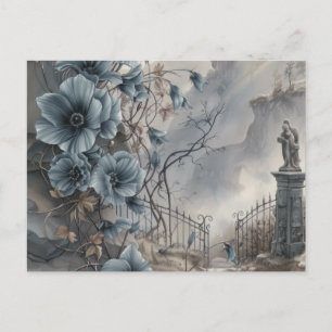 Cemetery Graveyard Blue Floral Beautiful Halloween Holiday Postcard