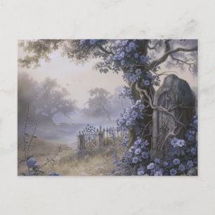 Cemetery Graveyard Blue Floral Beautiful Halloween Holiday Postcard