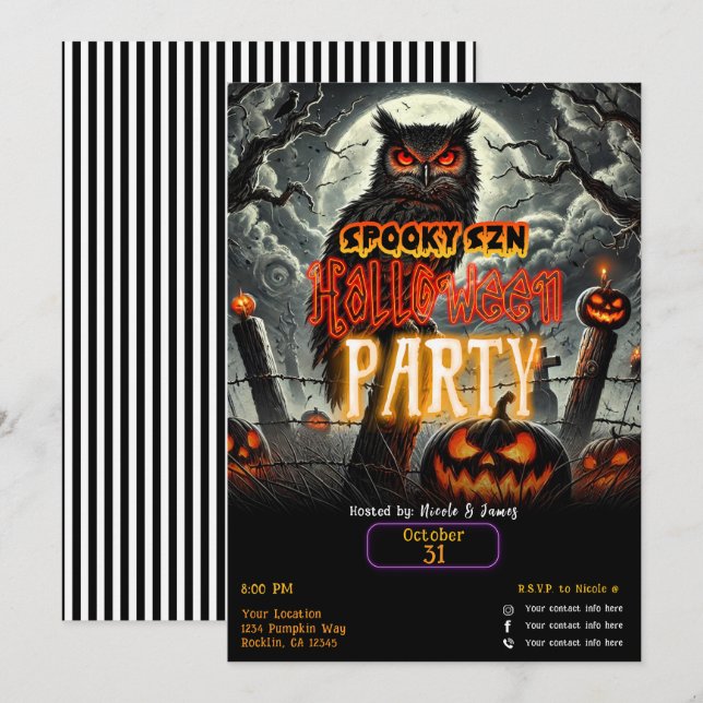 Cemetery Night Owl Spooky Szn Glow Halloween Party Invitation (Front/Back)