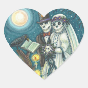 CEMETERY VOWS, SKELETON WEDDING, BRIDE AND GROOM HEART STICKER