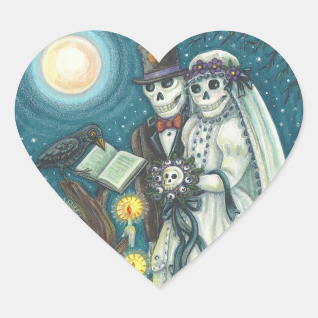 CEMETERY VOWS, SKELETON WEDDING, BRIDE AND GROOM HEART STICKER (Front)