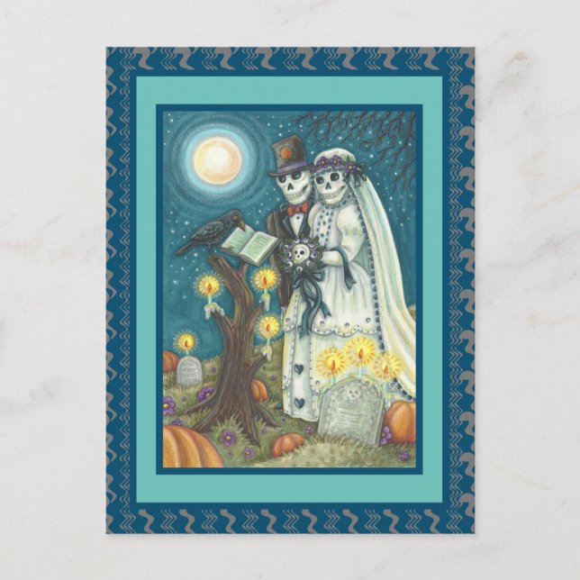 CEMETERY VOWS, SKELETON WEDDING, BRIDE AND GROOM POSTCARD (Front)