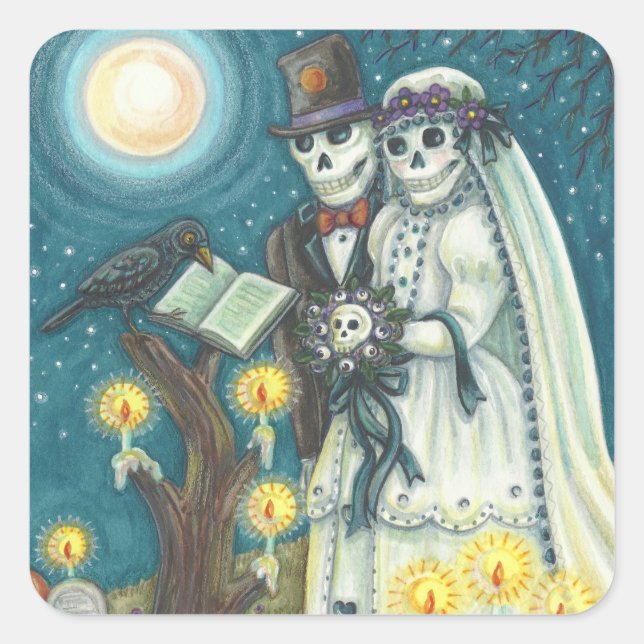 CEMETERY VOWS, SKELETON WEDDING, BRIDE AND GROOM SQUARE STICKER (Front)