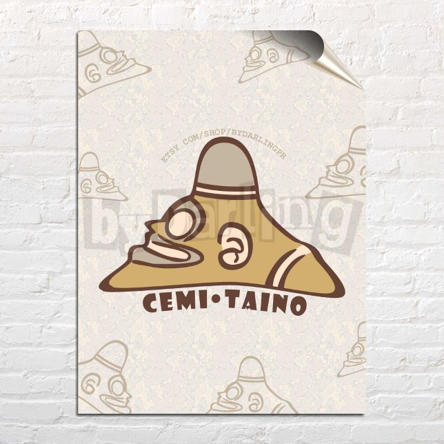 Cemi Taino Puerto Rico Wall Art Download Poster (Cemi Taino Puerto Rico Wall Art Digital Download Print Poster over a white brick wall)