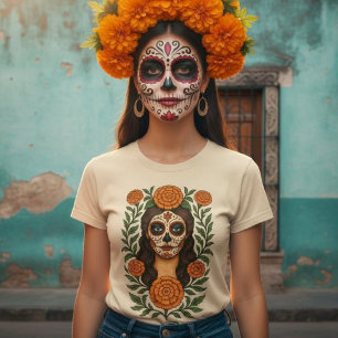 Cempasúchil Aztec Marigolds Botanical Catrina T-Shirt