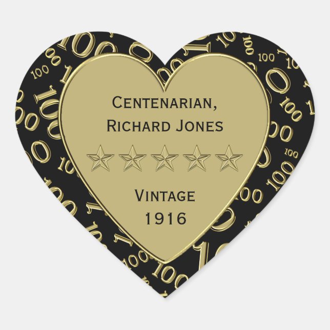 Centenarian 100th Birthday Black and Gold Theme Heart Sticker (Front)