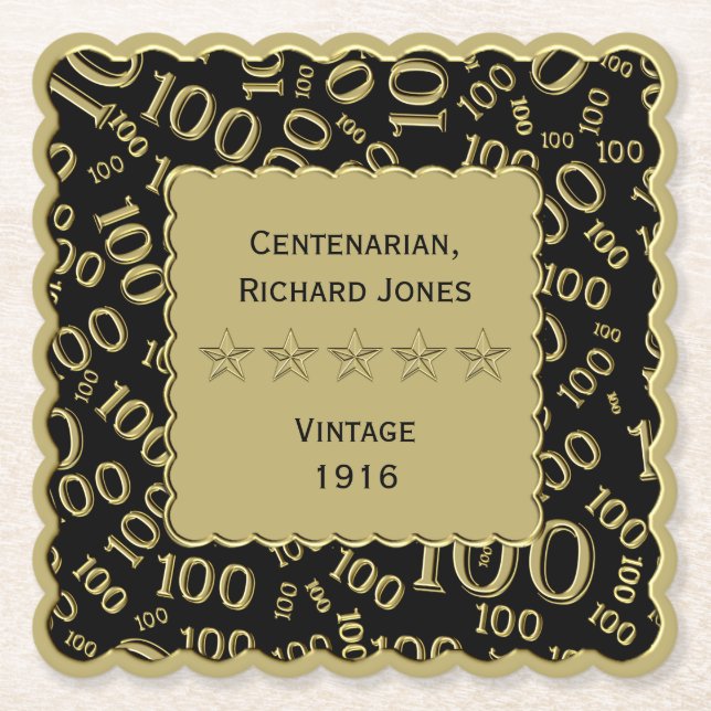 Centenarian 100th Birthday Black and Gold Theme Paper Coaster (Front)