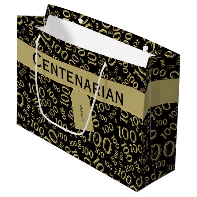 Centenarian 100th Birthday Black/Gold Pattern Large Gift Bag (Front Angled)