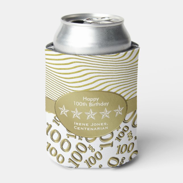 Centenarian, 100th Birthday Gold and White Pattern Can Cooler (Can Front)