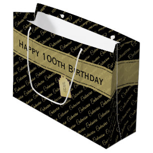 Centenarian Black/Gold Typography Pattern - 100th Large Gift Bag
