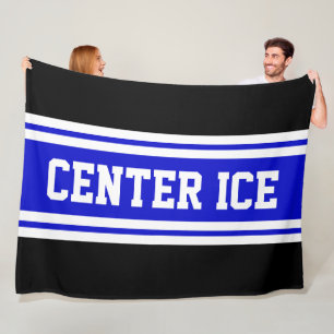 CENTER ICE Royal Blue Black White Hockey Stripes Fleece Blanket