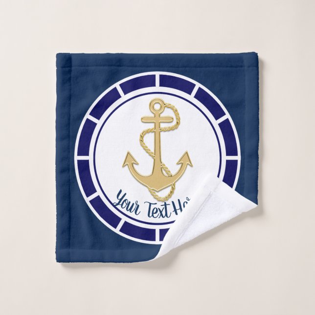 Central Golden Anchor Navy Blue Nautical Bath Towel Set (Wash Cloth)