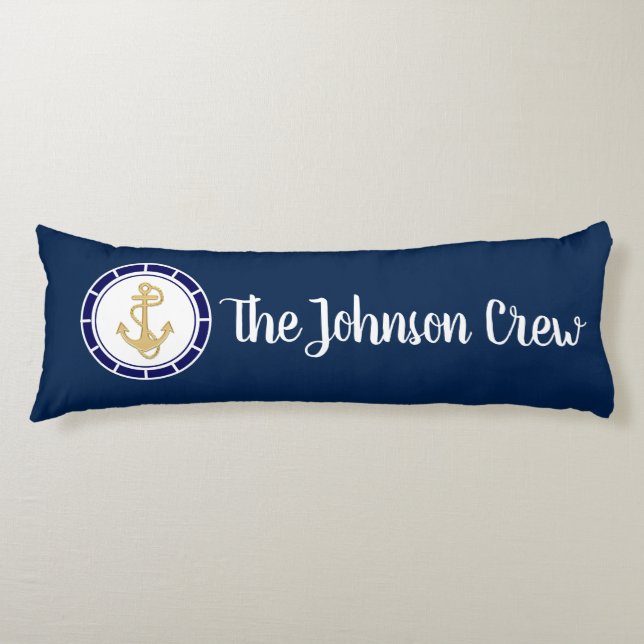 Central Golden Anchor Navy Blue Nautical Body Cushion (Front)