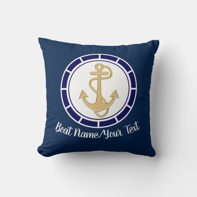 Central Golden Anchor Navy Blue Nautical Cushion (Front)