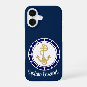 Central Golden Anchor Navy Blue Nautical iPhone 16 Case