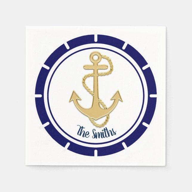Central Golden Anchor Navy Blue Nautical Napkin (Front)