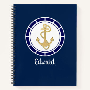 Central Golden Anchor Navy Blue Nautical Notebook