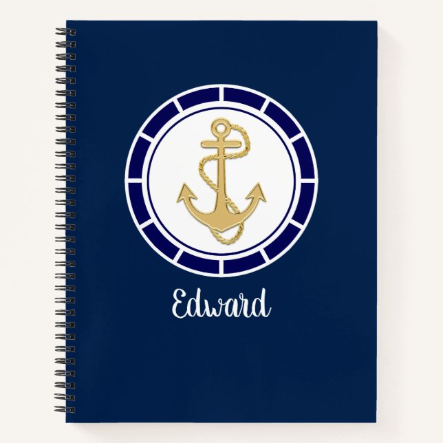Central Golden Anchor Navy Blue Nautical Notebook (Front)
