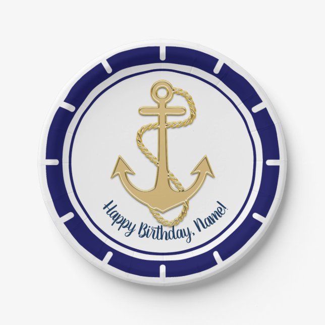 Central Golden Anchor Navy Blue Nautical Paper Plate (Front)