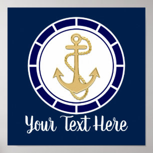 Central Golden Anchor Navy Blue Nautical Poster