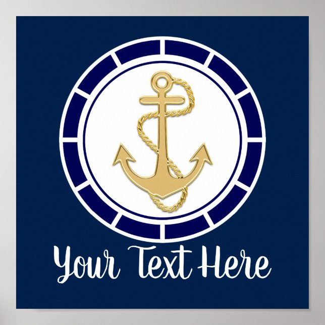 Central Golden Anchor Navy Blue Nautical Poster (Front)
