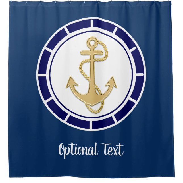 Central Golden Anchor Navy Blue Nautical Shower Curtain (Front)