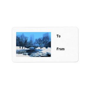 Central Park Bridge at Twilight in the Snow Label
