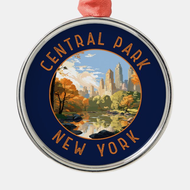 Central Park New York Retro Distressed Circle Metal Ornament (Front)