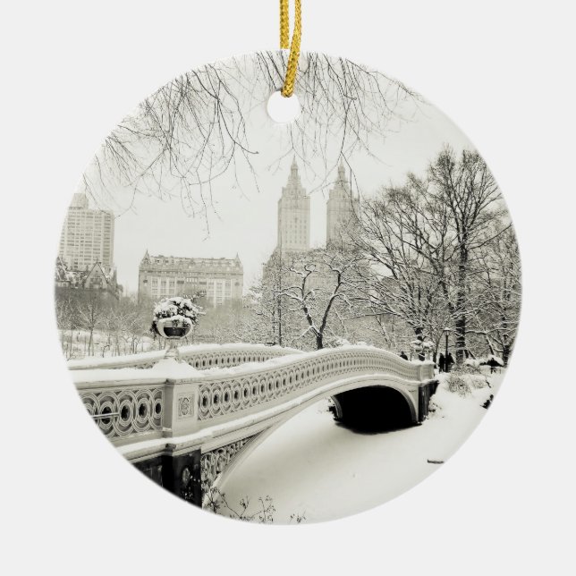 Central Park Winter - Snow on Bow Bridge Ceramic Ornament (Front)