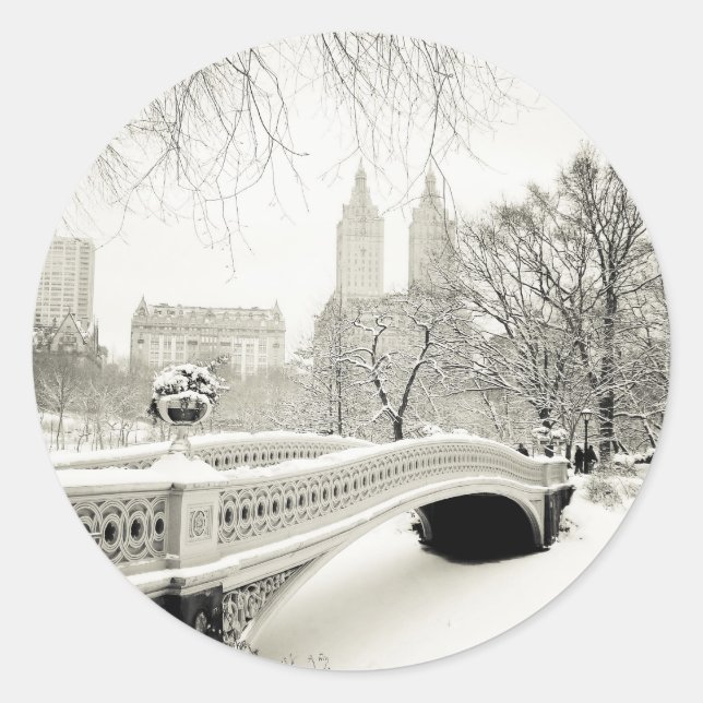 Central Park Winter - Snow on Bow Bridge Classic Round Sticker (Front)