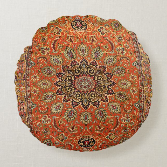 Central Persia Qum Orange Yellow Green  Round Cushion (Front)