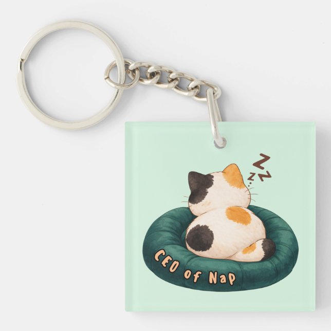 "CEO of Nap" Cat Sleeping on The Couch Key Ring (Front)
