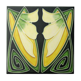 Ceramic Art Nouveau Style Green and Yellow Ceramic Tile