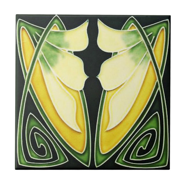 Ceramic Art Nouveau Style Green and Yellow Tile (Front)