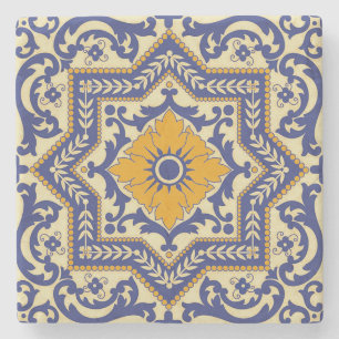 Ceramic Azulejo Style Blue Orange Coaster