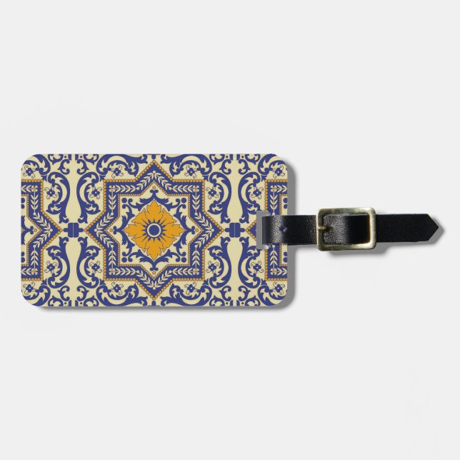 Ceramic Azulejo Style Blue Orange Luggage Tag (Front Horizontal)
