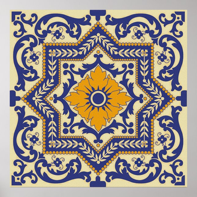 Ceramic Azulejo Style Blue Orange Poster (Front)