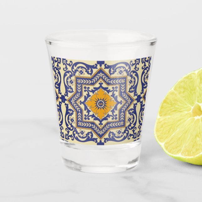 Ceramic Azulejo Style Blue Orange Shot Glass (Front)