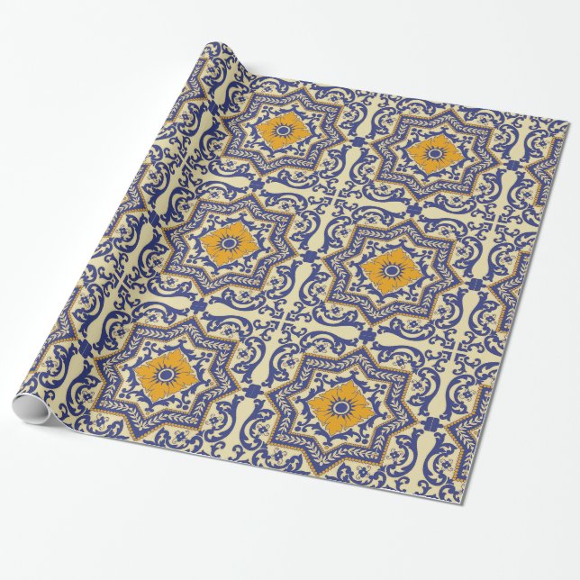 Ceramic Azulejo Style Blue Orange Wrapping Paper (Unrolled)