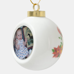Ceramic Ball Poinsettia and Bells with Cute Photo Christmas Ornament