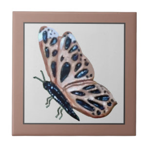 Ceramic Butterfly tile copper and black on taupe