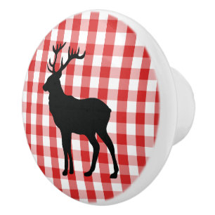 Ceramic Cabinet Knob-Red Plaid & Elk Knob