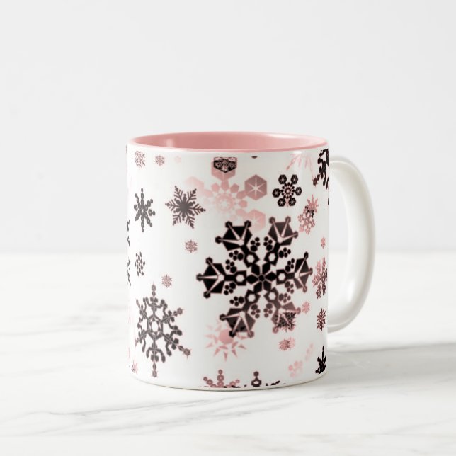 Ceramic Coffee Mug-Pink & Neutrals Snowflakes Two-Tone Coffee Mug (Front Right)