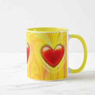 Ceramic coffee mug yellow red heart design.