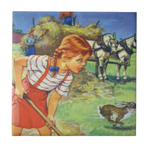 Ceramic Kitchen Tile-Country Farm Girl and Hay Ceramic Tile