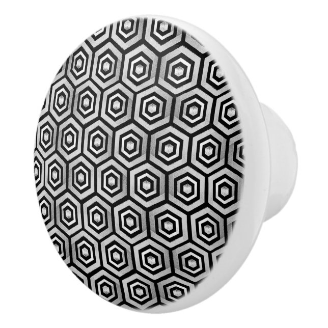 Ceramic Knob Black White Hexagon Geometric Pattern (Right)