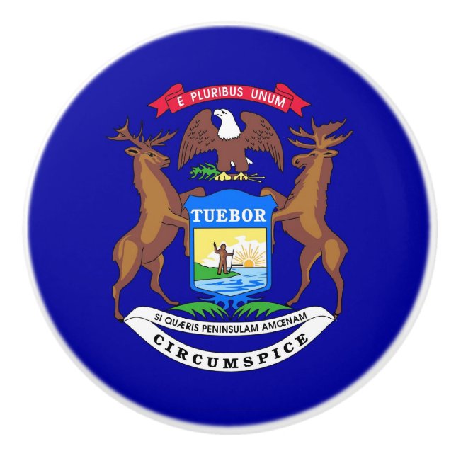 Ceramic knob pull with flag of Michigan (Front)